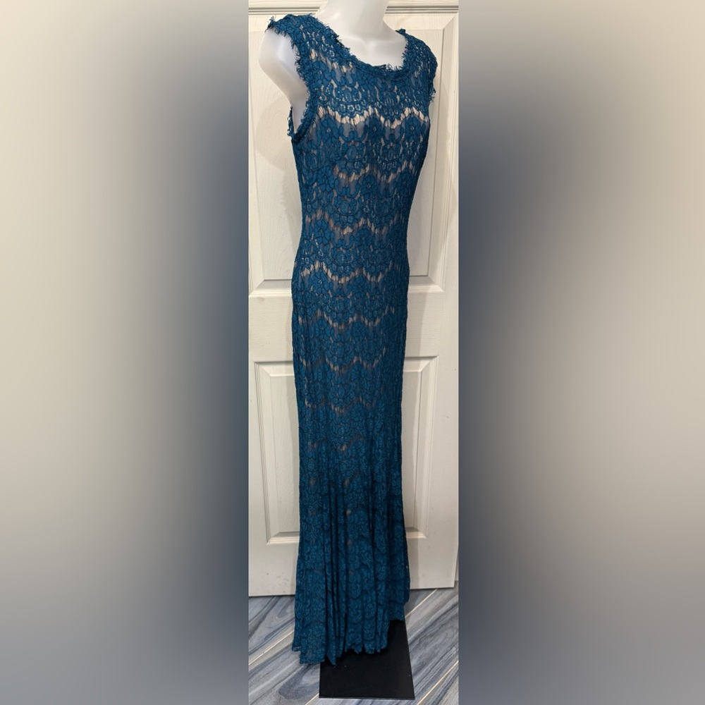 Aqua Dresses Formal Teal Lace Maxi Dress